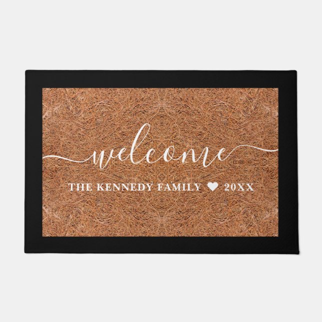 Rustic Welcome Family Name Personalized Coir Doormat (Front)