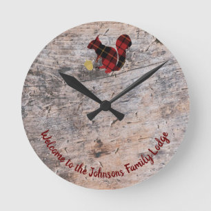 Rustic Welcome Plaid Squirrel  Round Clock