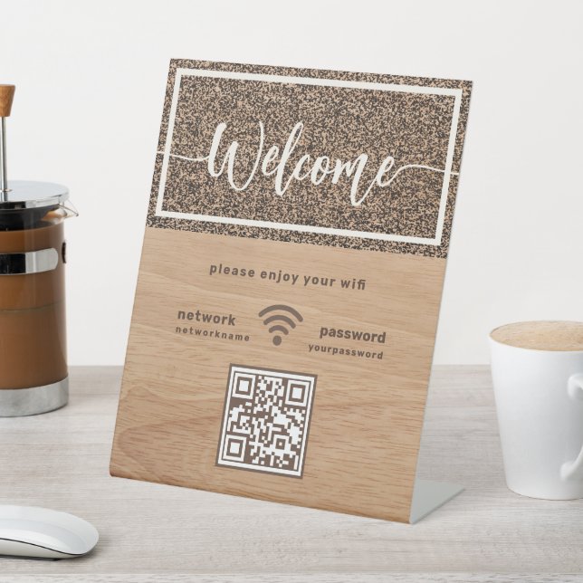 Rustic Welcome Script WIFI QR Code Wood Grain Pedestal Sign (In SItu)