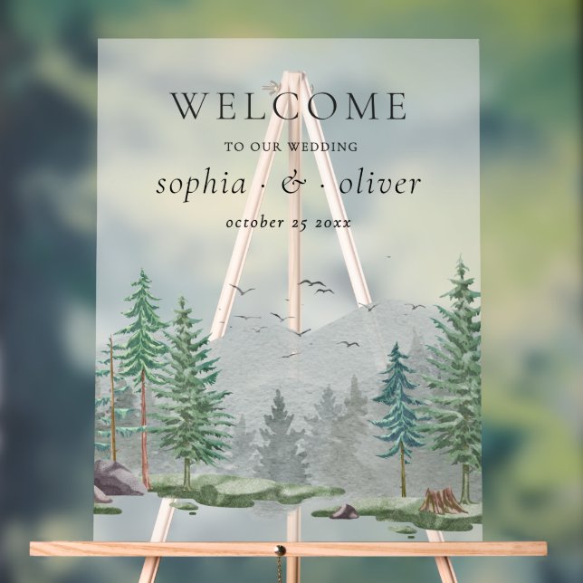 Rustic Welcome Watercolor Woodland Green Forest Acrylic Sign (Neutral)