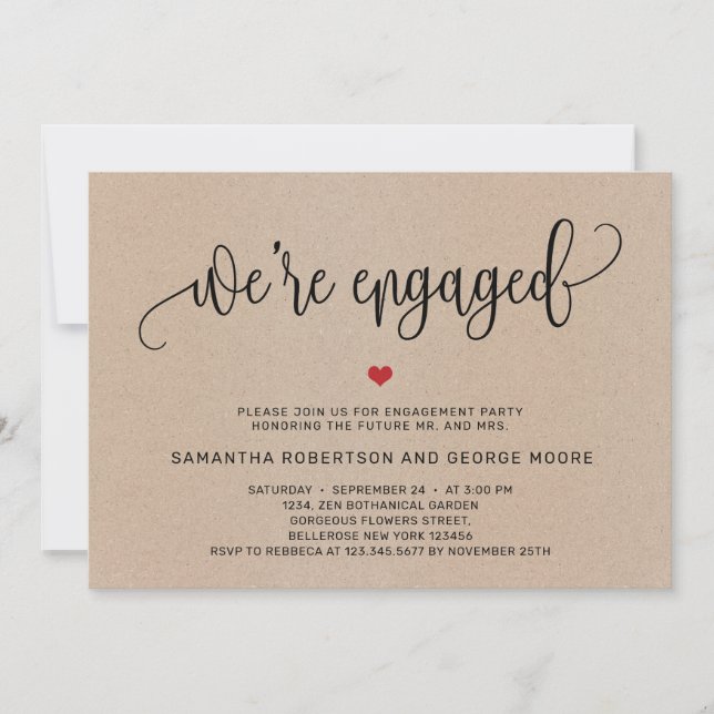 Rustic we're engaged kraft paper engagement invitation (Front)