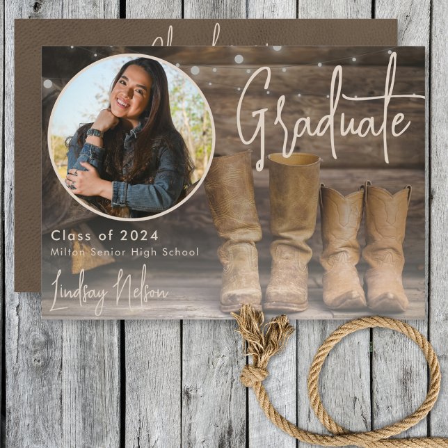 Rustic Western Barn & Cowboy Boot Photo Graduation Announcement (Creator Uploaded)