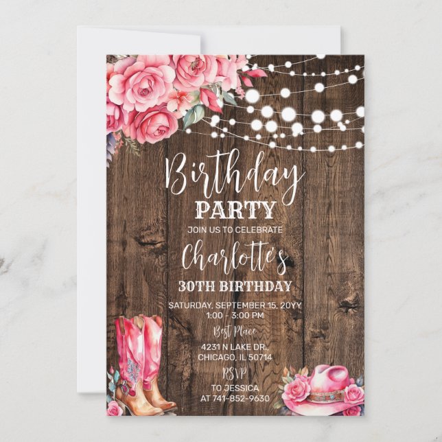 Rustic Western Birthday Party pink Invitation (Front)