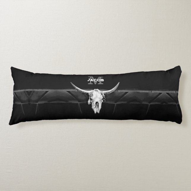 Rustic Western Black And White Bull Skull Monogram Body Pillow (Front)