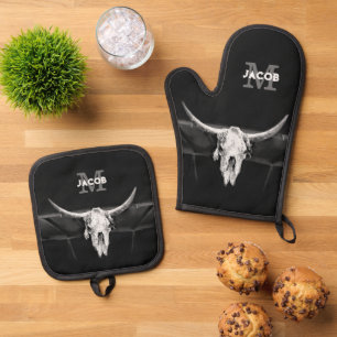 Rustic Western Black And White Bull Skull Monogram Oven Mitt & Pot Holder Set