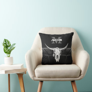 Rustic Western Black And White Bull Skull Monogram Throw Pillow