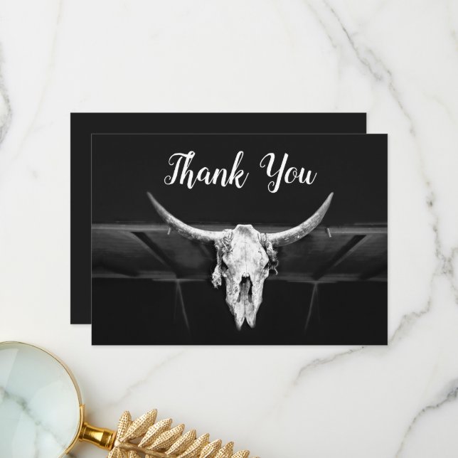 Rustic Western Black And White Bull Skull Wedding Thank You Card (Front/Back In Situ)