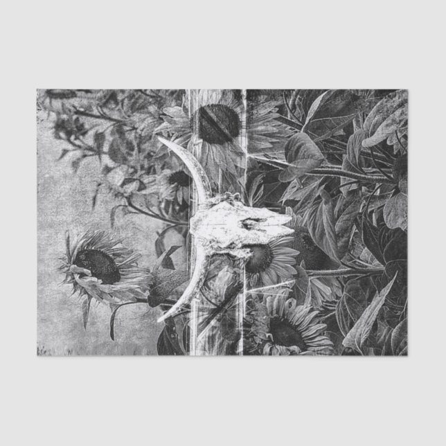 Rustic Western Black And White Floral Bull Skull Tissue Paper (Front)