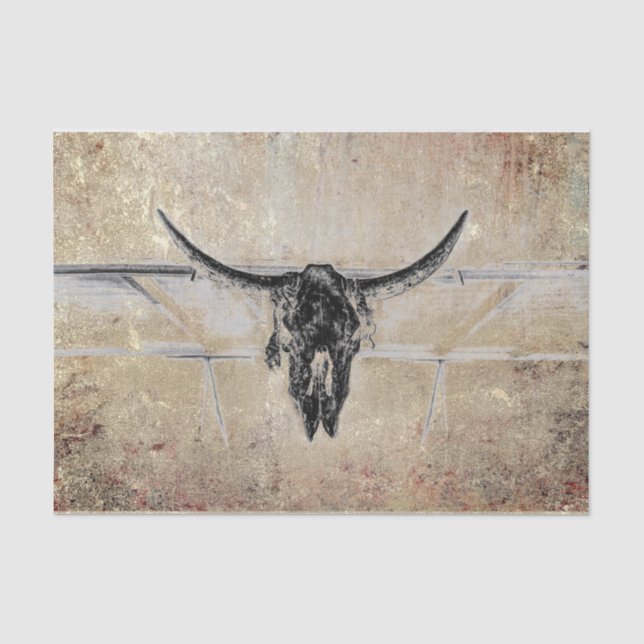 Rustic Western Black Bull Skull Sepia Texture Tissue Paper (Front)