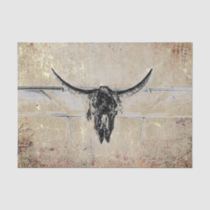 Rustic Western Black Bull Skull Sepia Texture Tissue Paper