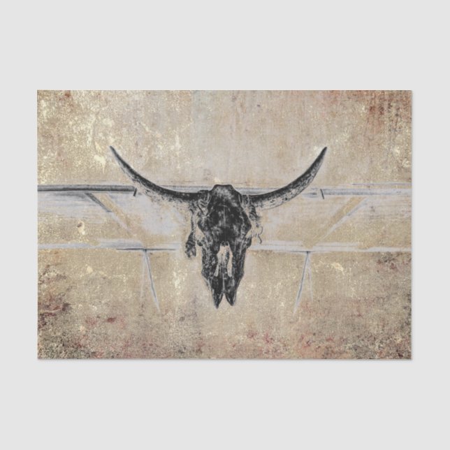 Rustic Western Black Bull Skull Sepia Texture Tissue Paper (Front)