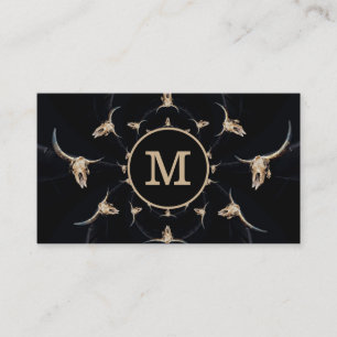 Rustic Western Black Tan Monogram Bull Cow Skull Business Card