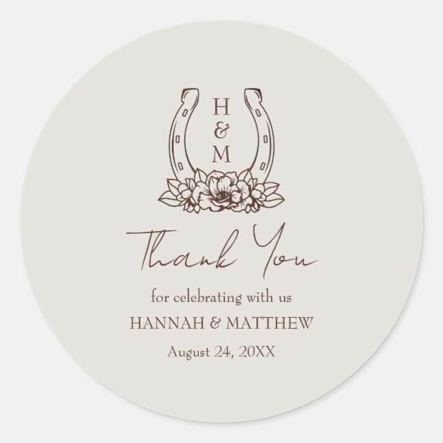 Rustic Western Boho Horseshoe Wedding Thank You  Classic Round Sticker (Front)