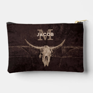 Rustic Western Brown Beige Old Bull Skull Monogram Accessory Pouch