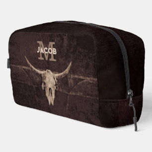 Rustic Western Brown Beige Old Bull Skull Monogram Dopp Kit