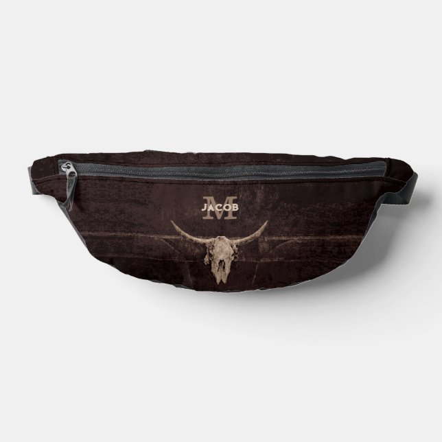 Rustic Western Brown Beige Old Bull Skull Monogram Fanny Pack (Lay Down)