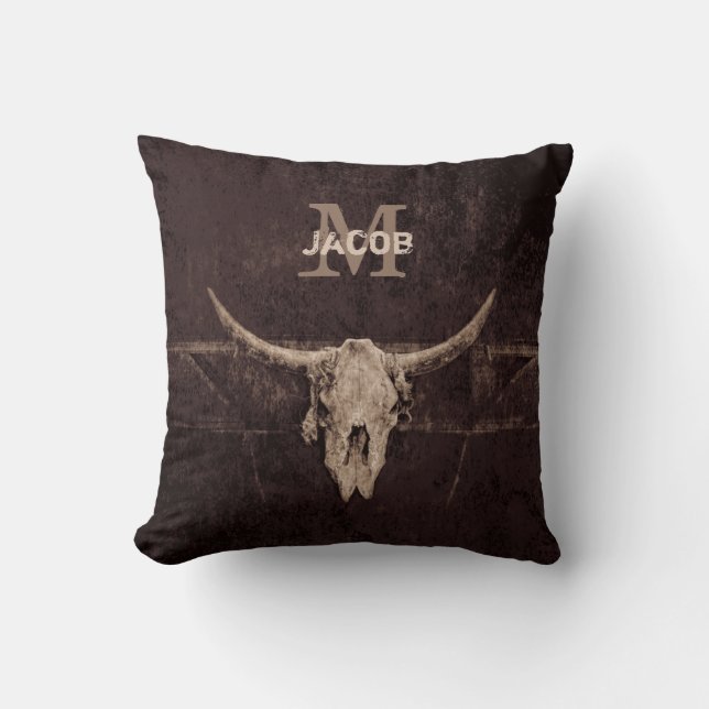 Rustic Western Brown Beige Old Bull Skull Monogram Throw Pillow (Front)