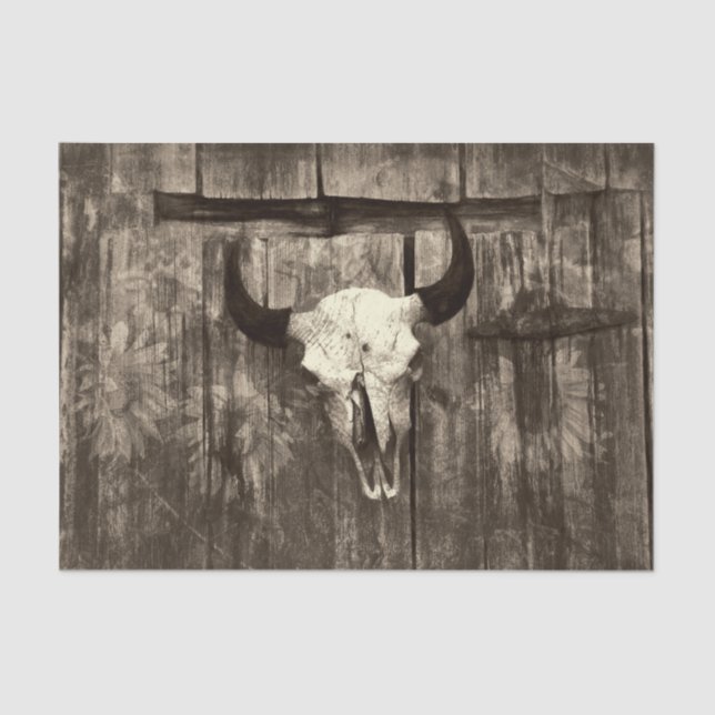 Rustic Western Bull Skull Brown Sepia Sunflowers Tissue Paper (Front)