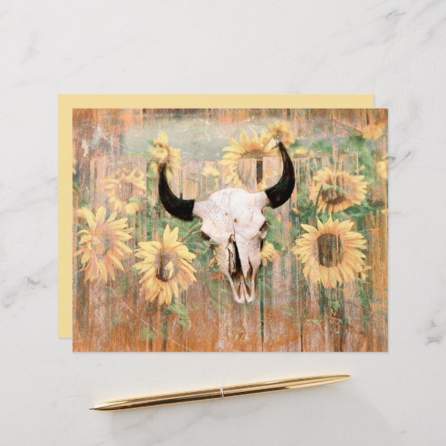 Rustic Western Bull Skull Brown Yellow Sunflowers (Front/Back In Situ)