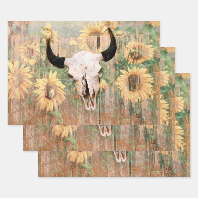 Rustic Western Bull Skull Brown Yellow Sunflowers Wrapping Paper Sheet (Set)