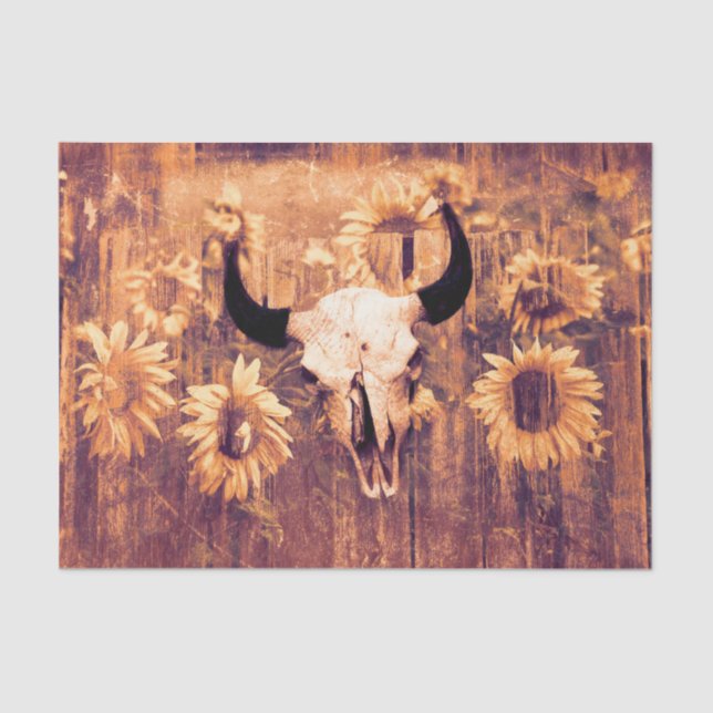 Rustic Western Bull Skull Golden Sunflowers Tissue Paper (Front)