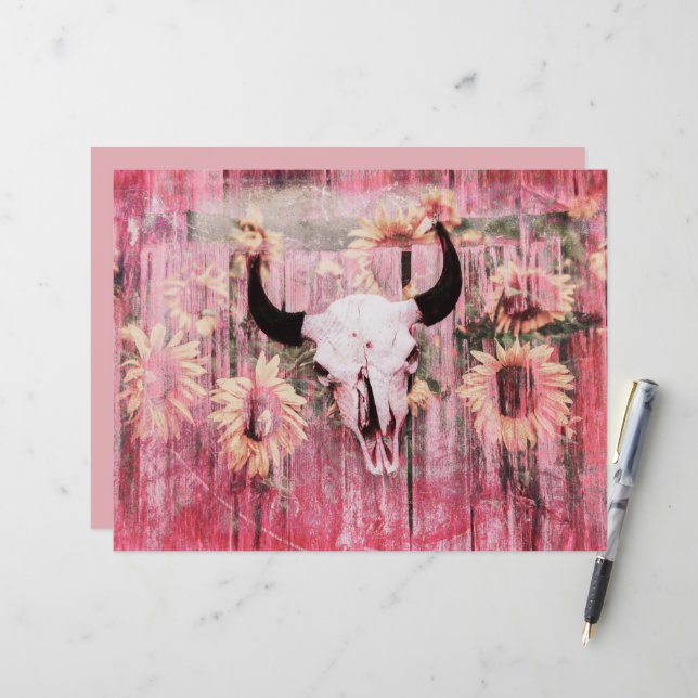 Rustic Western Bull Skull Pink Yellow Sunflowers (Front/Back In Situ)