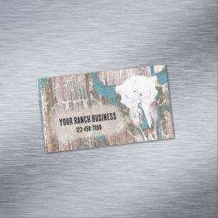 Rustic Western Bull Skull Teal Brown Texture Magnetic Business Card