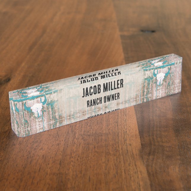 Rustic Western Bull Skull Teal Brown Texture Nameplate (Side)