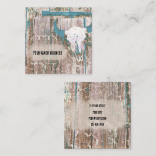 Rustic Western Bull Skull Teal Brown Texture Square Business Card