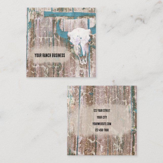 Rustic Western Bull Skull Teal Brown Texture Square Business Card (Front/Back)