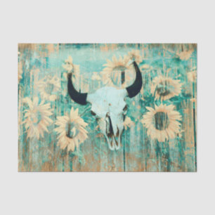 Rustic Western Bull Skull Teal Yellow Sunflowers Tissue Paper