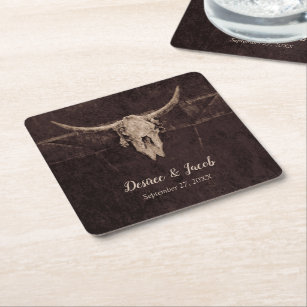 Rustic Western Bull Skull Wedding Country Texture Square Paper Coaster