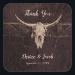 Rustic Western Bull Skull Wedding Country Texture Square Sticker<br><div class="desc">Rustic bull cow skull western country rodeo cowboy wedding dinner reception square thank you stickers. Brown texture farmhouse style. Old wild west vintage antique inspired. Cool,  trendy,  modern farm animal customized design. Personalize your script. Image copyright Marg Seregelyi Photography.</div>