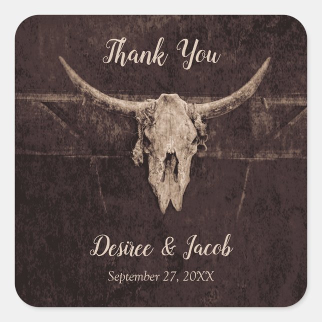 Rustic Western Bull Skull Wedding Country Texture Square Sticker (Front)