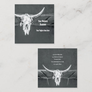 Rustic Western Charcoal Grey White Bull Cow Skull Square Business Card