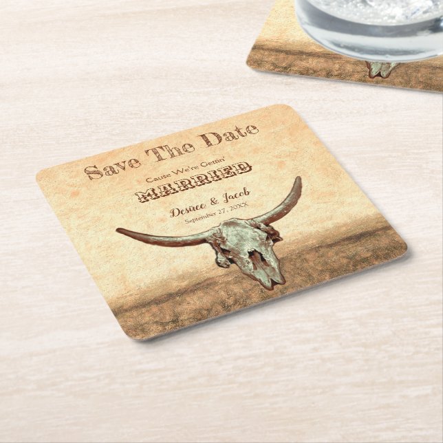 Rustic Western Country Beige Save The Date Square Paper Coaster (Angled)