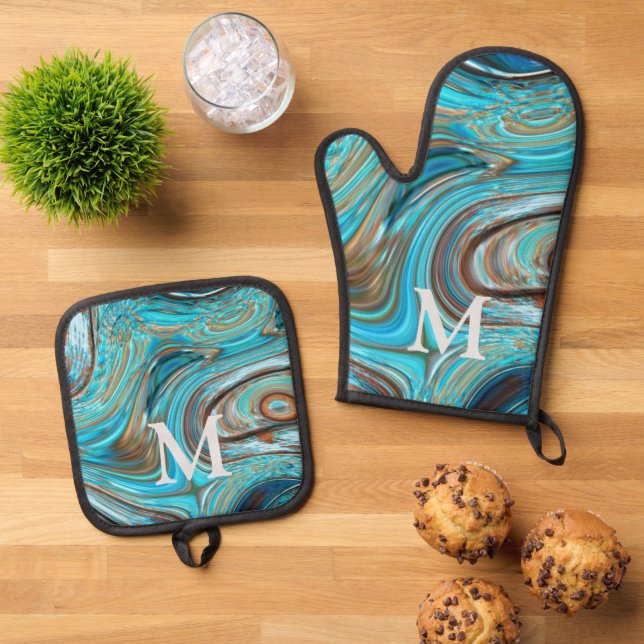 Rustic Western Country Blue Turquoise Monogram  Oven Mitt & Pot Holder Set (Top Down)