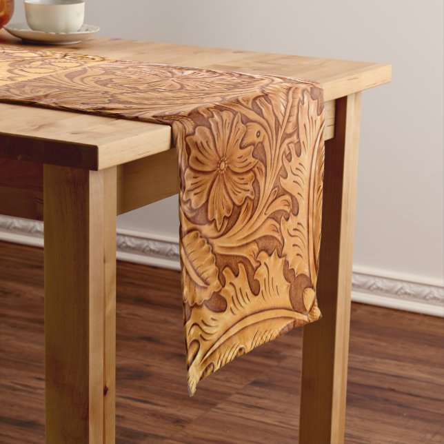 rustic western country cowboy tooled leather short table runner (In Situ)