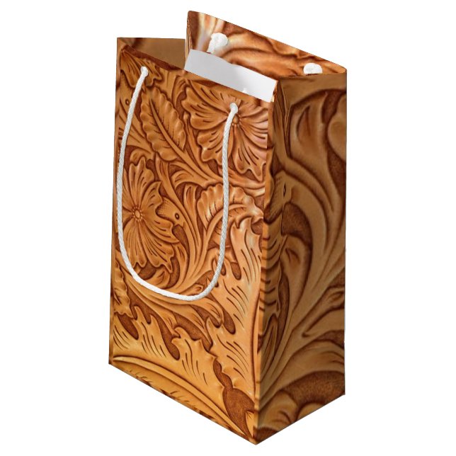 rustic western country cowboy tooled leather small gift bag (Back Angled)
