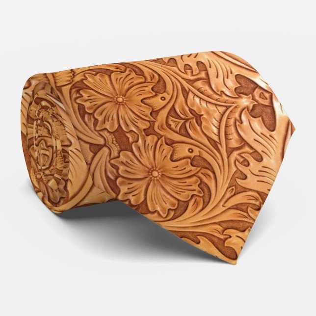 rustic western country cowboy tooled leather tie (Rolled)