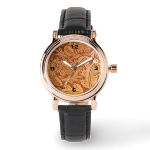 rustic western country cowboy tooled leather watch
