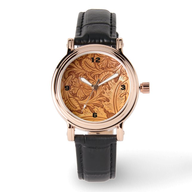rustic western country cowboy tooled leather watch (Front)