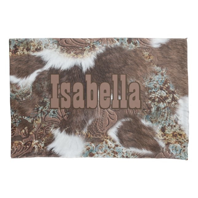 Rustic Western Country Cowhide Brown Leather Name Pillowcase (Front)