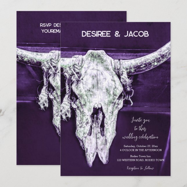 Rustic Western Country Dark Purple Bull Skull Invitation (Front/Back)