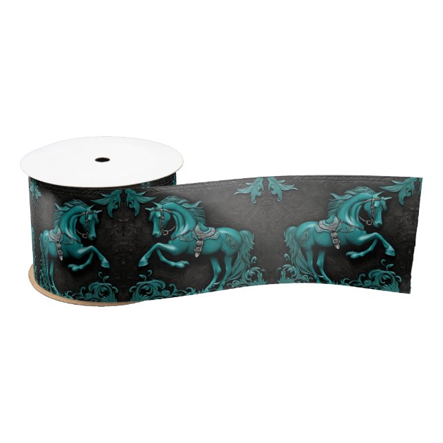 Rustic Western Country Equestrian Turquoise Horse  Satin Ribbon (Spool)