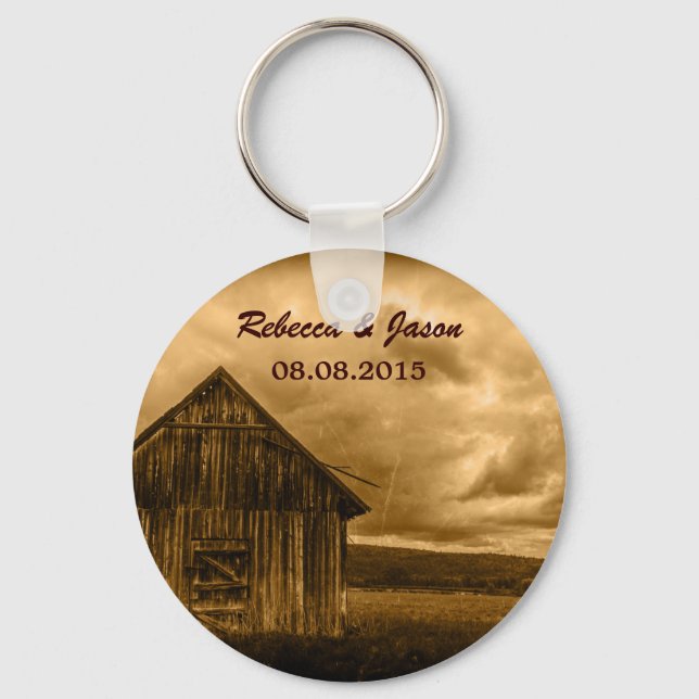 rustic western country farm old barn wedding keychain (Front)