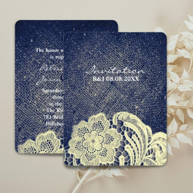 rustic western country navy blue lace wedding invitation (rustic western country navy blue lace wedding invitation)