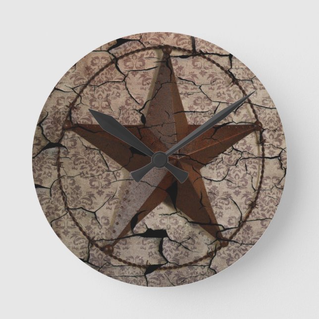 Rustic Western Country Primitive Texas Star Round Clock (Front)