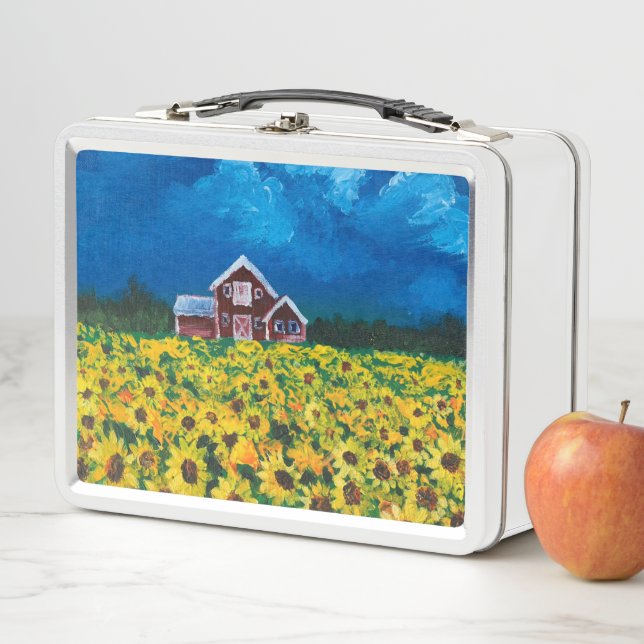 rustic western country red barn sunflower field metal lunch box (In Situ)
