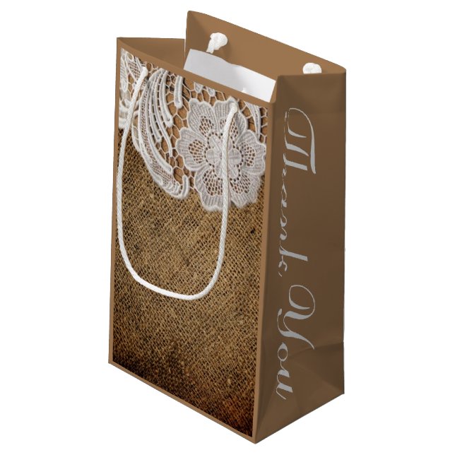 rustic western country wedding burlap and lace small gift bag (Back Angled)